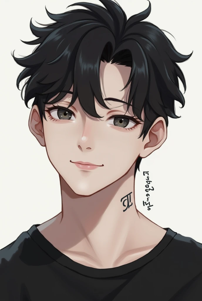  2D illustration close to reality .  Overall masculine face .  sharp eyes , Versunko ,  A mix of Korean and white people with white skin and dark hair ,  dark eyed,  Wolfcut covering almost the back of the neck .  with a simple 5 cm long lettering tattoo c...