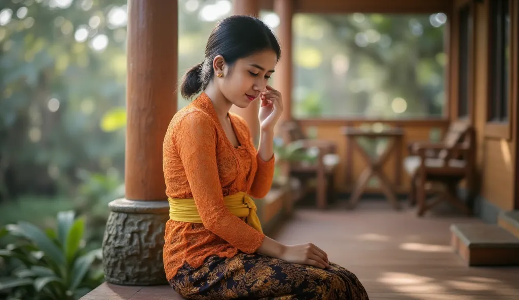 a  indonesian 12yo, wearing a orange kebaya, yellow scarf as a waistcloth, long dark brown batik skirt, , kebaya, shawl tied aro...