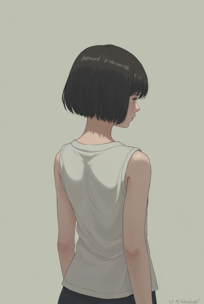 The womans hair was not long, wearing a sleeveless white shirt, standing facing back, but facing away.