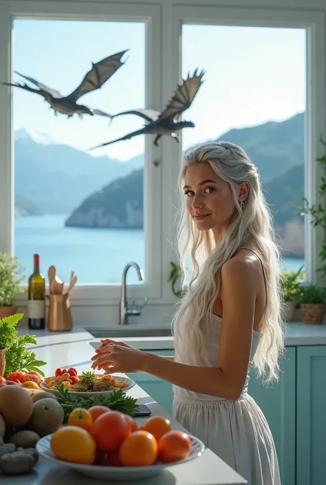 Ultra Realistic photography, Imagine a breathtakingly beautiful young girl ,  whose appearance is remotely reminiscent of Daenerys from Game of Thrones .  She prepares a healthy breakfast in a bright and modern kitchen.  The kitchen is decorated in blue an...