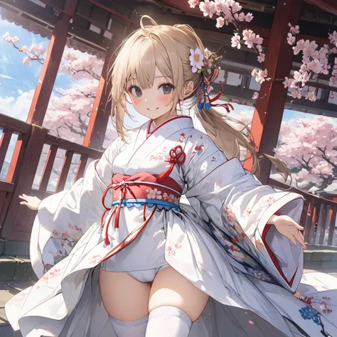 One high school girl、Black Eye、smile、blush、 beige hair、(low ponytail hair:1,5)、(Small breasts:1.5),(white thigh high:1.5)、beautiful thighs, white floral kimono、walking, (spread arms:1.5),Japanese-style room、cherry blossoms、blue sky,( perfect anatomy ),( be...