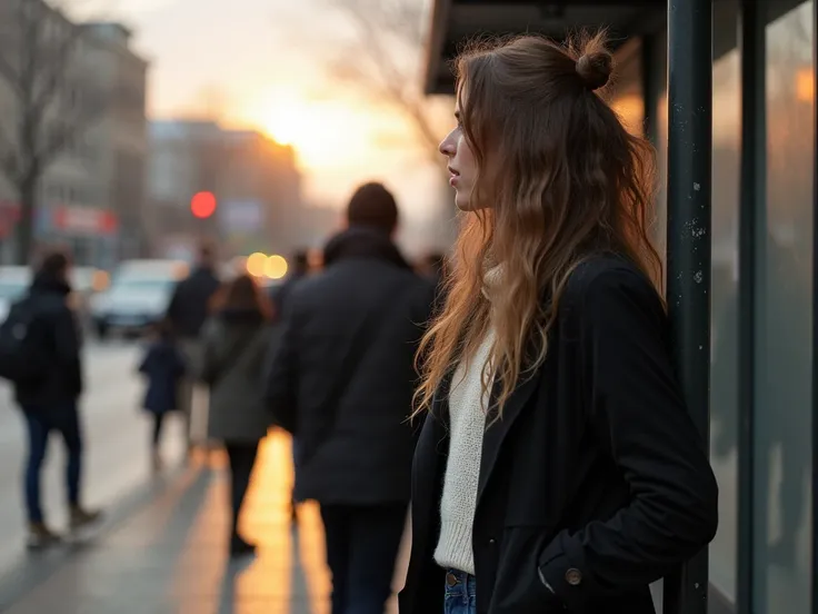 A woman trying to take care of herself and her family under harsh living conditions is tired, unhappy and stressed. She goes to the bus stop before the sun rises in the morning and waits for her bus. She has been wearing the same clothes for maybe a month....