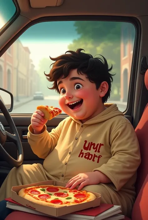 A fat boy in shalwar kameez in car eating pizza and studying name is umer hanif in background make name visible name is umer hanif write in in bold on his shirt