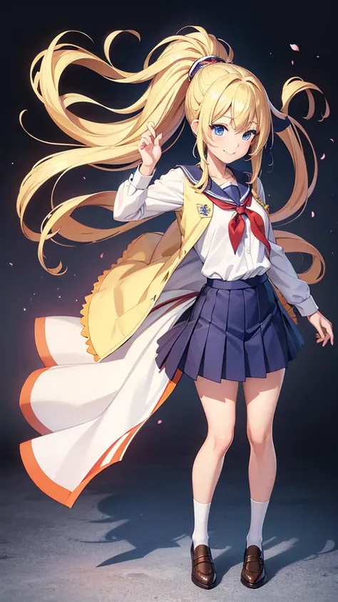 [(Masterpiece, Highly detailed, max resolution)], full body in frame, full body, standing, high school anime girl, smiling face, blonde hair, school uniform, modest chest, ponytail, white background, looking at viewer, blue eyes, joshi kousei, visual novel...