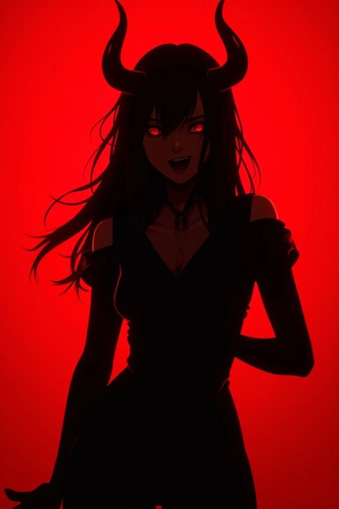  Silhouette of a demon girl with horns,  long hair , fringe, and two long sideburns of hair .  The background is red and her silhouette is black ,  but she smiles maliciously and you see 