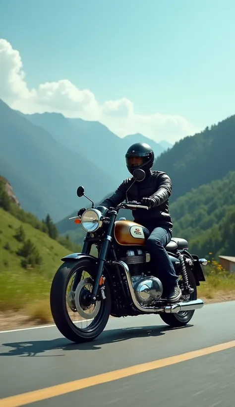 "A modern Royal Enfield motorcycle cruising along a scenic mountain road. The bike is in focus with its chrome engine, retro design, and sleek body, surrounded by nature with green hills and a clear sky. The image should emphasize the bike’s stylish and ti...