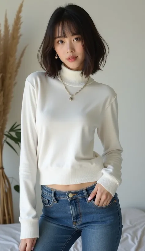 19 years old 、bangss、tight white turtleneck sweater, 、Tight jeans pants, ((タンクトップ))、Medium milk, cute  face、(Butt sticking out pose)、(turned around)、sexy hips、Parks with lakes、Big necklace、earrings、Photos showing the whole body((Short Hair))