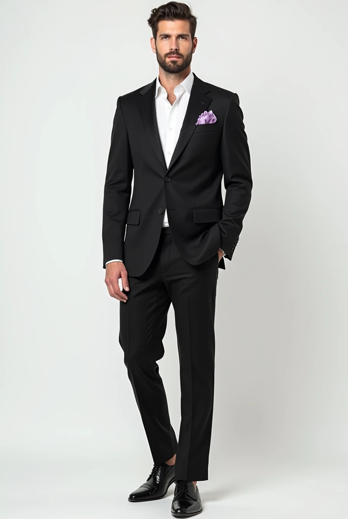 man wearing black suit with white shirt, not wear any tie. A soft purple pocket square in his suit. White Photo studio background and style full body