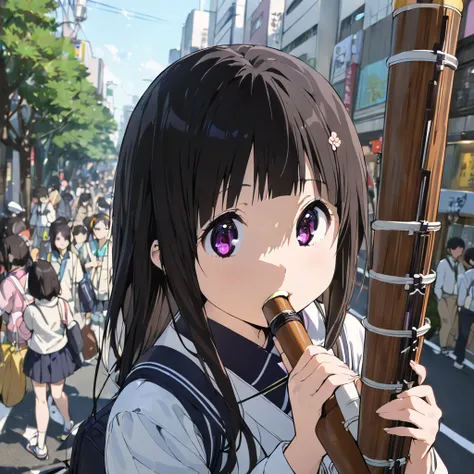 (A Japanese high school girl holds a very thick and long woodwind instrument in her mouth),tween,cute,detailed face,fullbody,at street,tokyo,depth of field,portrait,(best quality, masterpiece, ultra highres, ultra-detailed)