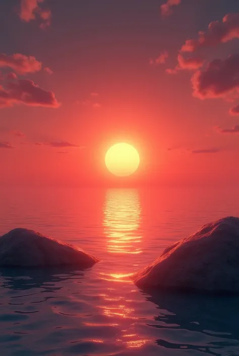  Sunset on the seashore, no rocks, Sun in the center ,  soften red colors  