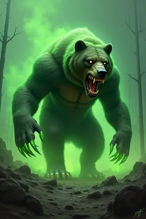 Nuclear Bear-Wolf Hybrid: A bear with glowing green fur, wolf-like agility, and sharp claws dripping with radioactive ooze.