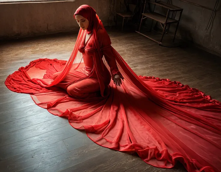 A woman shrouded in a 10-meter-long, plush red transparent silk cloth, slim body with big breast, tightly bound and grandly draping along the form of her body, flowing off into a pooled floor-length train, styled in a mermaid-inspired outfit, her head mode...