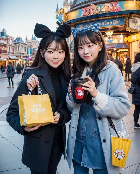  Two Women .(bluesky).window (8k) shopping . autumn. ribbon headband. Line-up group .longcoat. leggings. Selfee. Hands-on popcorn. graffiti sticker stamp. Disneyland city park. SNS shot