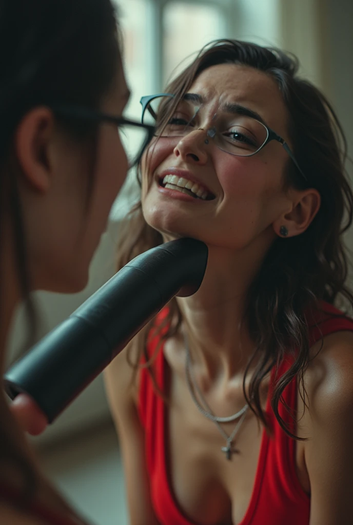  Close-up of an attractive executive with glasses forcibly inserting a very large black dildos into an attractive and crying white European girl on her knees with an international red cross vest around her mouth ,
 Audiovisual classroom of the Internationa...