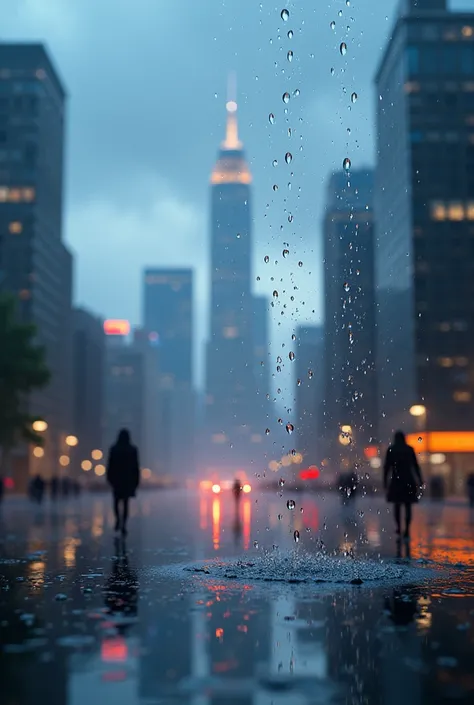  A picture looking up at the sky  .  Many raindrops are falling  . Focus on the raindrops  .  A beautiful cityscape is reflected in every drop of rain. Raindrops close-up