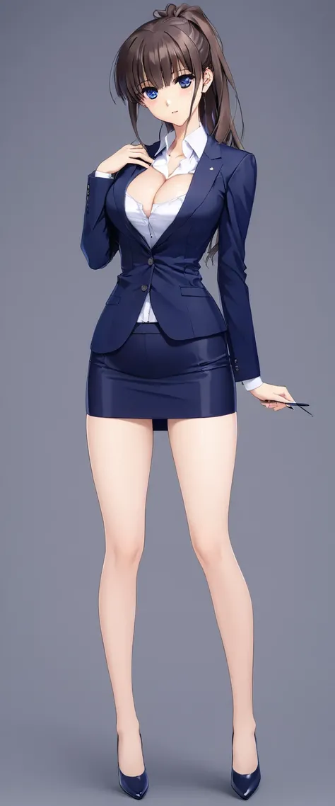 Megumi Kato,  1 girl, Alone, bangs,  brown hair, (((Female lawyer, ( formal suit micro mini skirt that shows only a little bit of crotch,   Micro Mini Pencil Skirt),  white shirt,   Navy Blue Jacket,Big Breasts、 cleavage、Thin legs、 I can see my white panti...