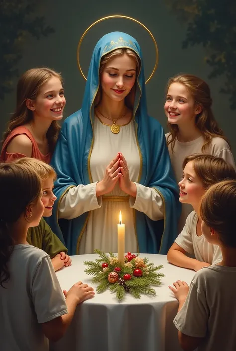 Ave Maria sitting on the table in christmas day,have chidren too