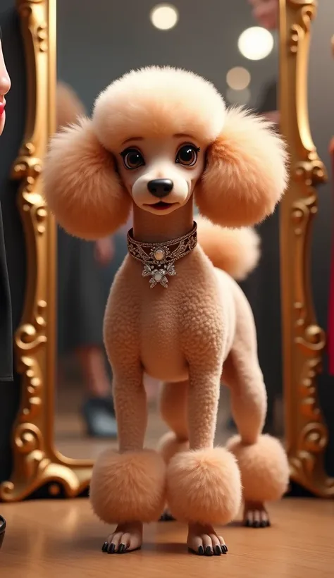 Bella(A Poodle, Elegant, curly coat in a soft apricot color. Bright, expressive eyes full of charm and determination. Slim, athletic build accentuating her graceful movements. Always accessorized with a fashionable collar, often adorned with jewels or bows...