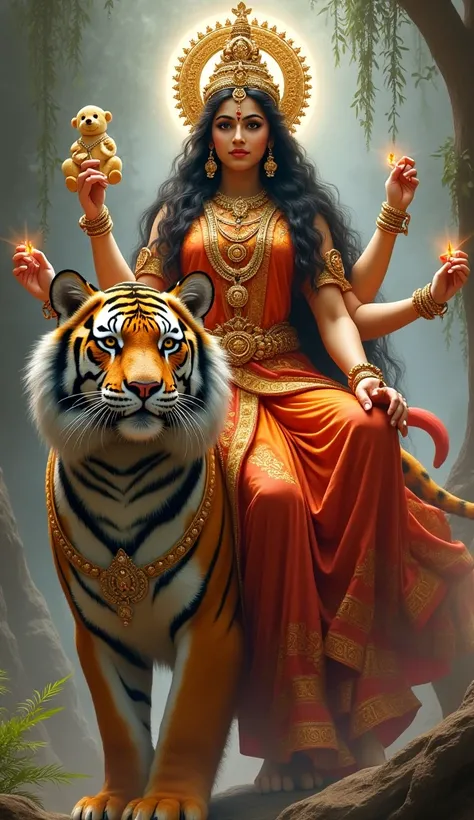 Maa Durga in full saree sitting on tiger, the Hindu goddess, in the background of an image. 