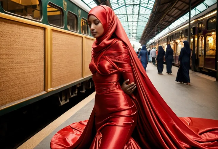 A woman shrouded in a 10-meter-long, plush red satin cloth, tightly bound and grandly draping along the form of her body, flowing off into a pooled floor-length train, styled in a mermaid-inspired outfit, her head modestly veiled in a satin hijab, tall wom...