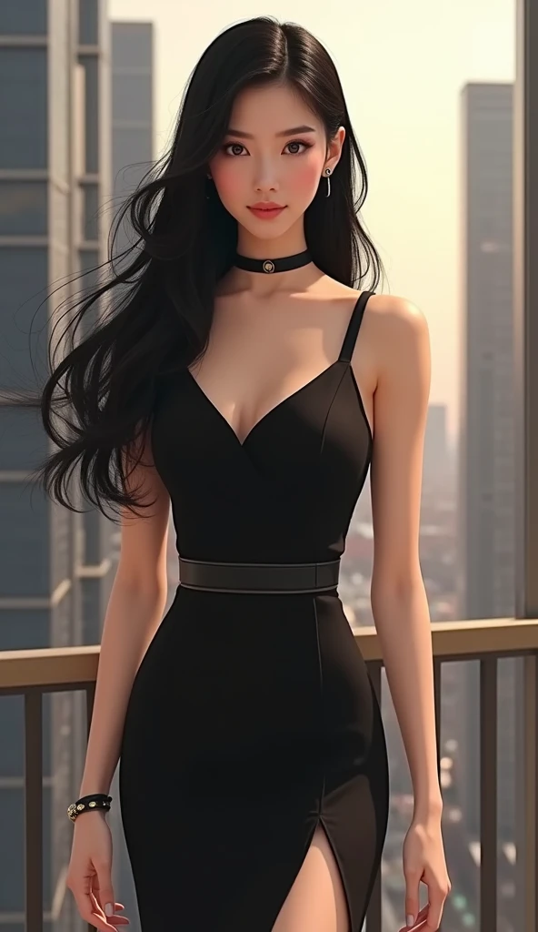  A scene where the woman poses in an elegant and sophisticated style。She has long black hair、 slender figure。 wears sophisticated fashion 、 A particularly simple, luxurious dress is characteristic 。 The woman has a confident expression 、 and a high-class c...