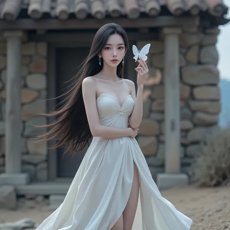 Epic Life white butterfly on one eye, "Japanese beautiful young woman, white pale skin, (cup-A chests)", long black hair, pretty white Strapless dress, (fabric butterfly around), middle-aged, front of rough stone cabin, wastland environment, 