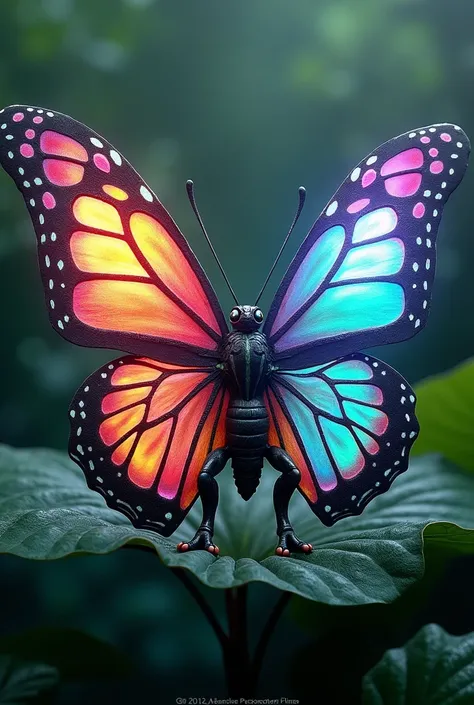 A large, strong, muscular vibrant, glowing butterfly resting on a leaf, with rainbow-colored wings."