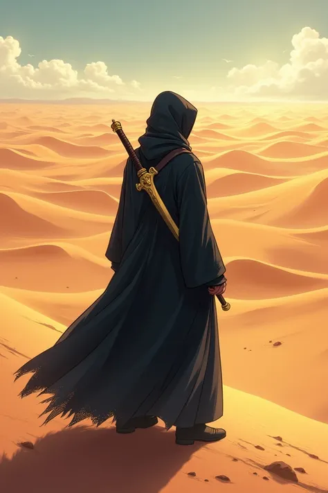 Anime a wanderer wearing a black robe and a gilded magic knife on his back stood in the middle of the desert