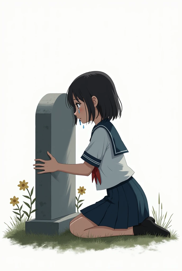 A digital art, minimal, a school girl wearing a school uniform, crying at the grave of her father and hugging the grave stone, sad, detailed face and features, anatomically accurate, 60 percent of the background in white and rest is this art. uncropped, re...