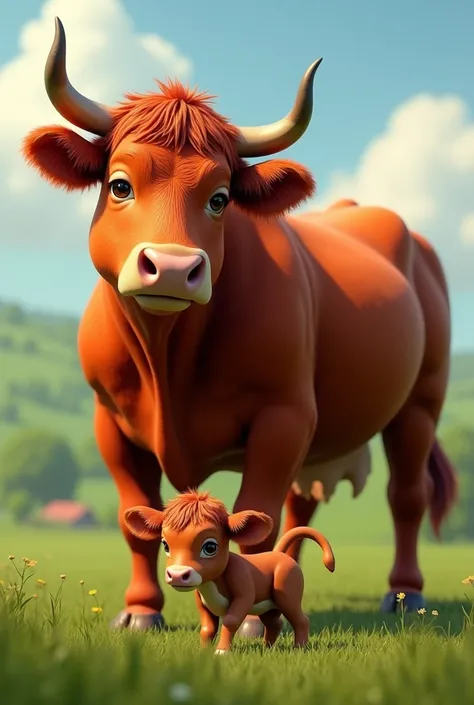 Red cow with baby