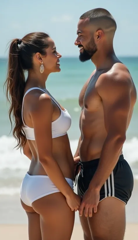 Two in love chubby curvaceous woman with a ponytail hairstyle wearing full body fencers clothing in front of a slender man shaved from the hundreds and nape of the neck wearing full body beach shorts 