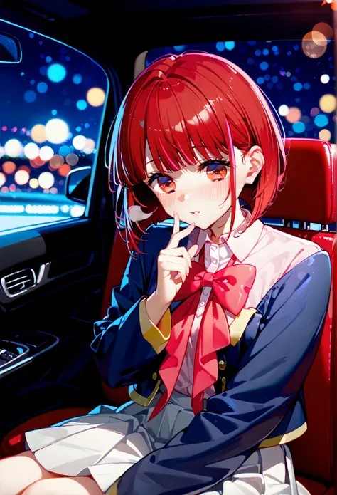 illustration,hyper quality,nime style woman sitting in a car wearing a pink button up shirt, 1girl, car interior, blush, sitting, bow, skirt, jacket, short hair, bowtie, blue jacket, solo, school uniform, red hair, long sleeves, pink bow, breath, bangs, re...