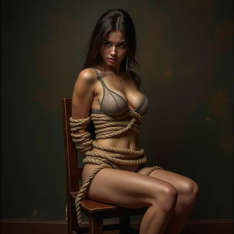 A beautiful hot and sexy girl, hands behind back and body and arms wrapped with rope, wearing a lingerie, captured by gangsters and tied up on wooden chair, with a scared face, with arms and legs tied tightly. Torso and arms completely wrapped with roped. ...