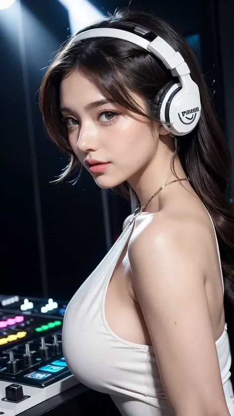 A group of 18 year old women ,  Masterpiece:1.4,  long brown hair, Very big boobs  "A vibrant nightclub scene featuring a female DJ confidently standing behind a modern DJ mixer. She wears a sleek white halter-style dress that accentuates her elegant appea...