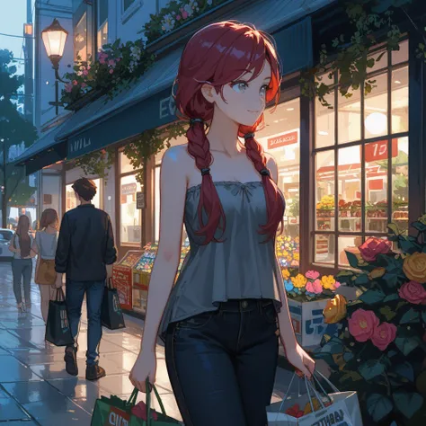 A stunning masterpiece of a beautiful and detailed high resolution image, girl walking on a damp evening, swept bangs, gray eyes, red hair, holding shopping bags, low twin tails, strapless gray shirt with white trim, black jeans, dusk, street, storefronts,...