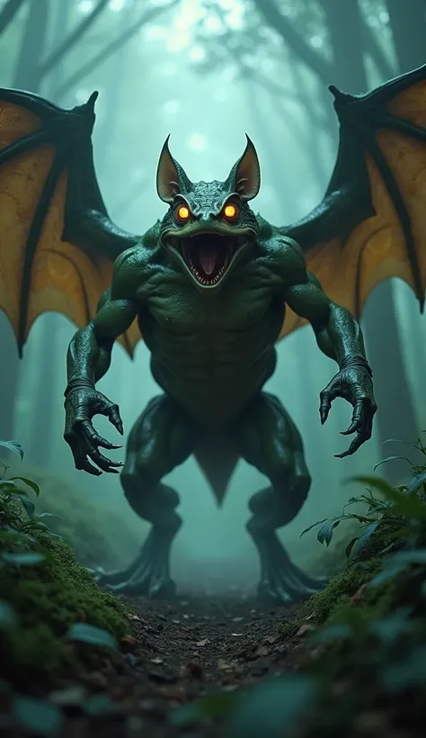 A super hybrid fusion of a bat and a frog in a dense, misty forest. The creature has a muscular body with powerful wings, webbed limbs, and a menacing presence. Glowing eyes pierce through the mist as it roars, exuding raw strength and animalistic grace. T...