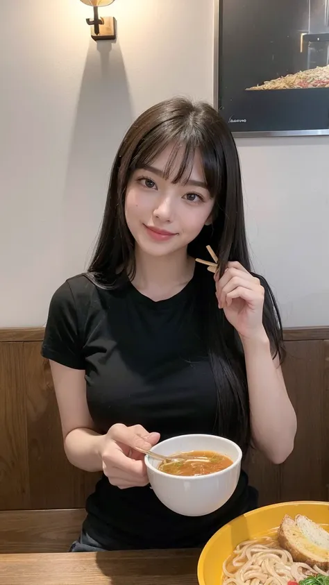 A group of 18 year old women ,  Masterpiece:1.4,  long brown hair, Very big boobs "Create an image of a young woman enjoying a casual meal in a cozy Japanese ramen shop. She is seated at a brightly colored table with a vibrant red tray in front of her, hol...