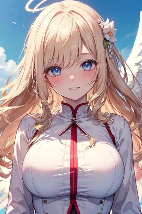 Masterpiece, ((1 girl)), ((Best Quality)), (Ultra-detailed), Highly detailed, (Portrait), ((Big breasts)), ((Curly Long Hair, Blonde Hair, Blue Eyes, Angel Halo)), ((20-years-old, Mature Women)), ((White Skin, Pale Skin)), ((White Goddess Dress, Revealing ...