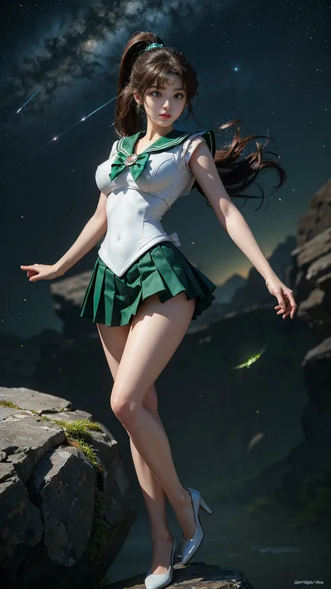     Masterpiece  ,   are high resolution   ,8k resolution, high definition model, Sailor Moon Jupiter ,    Beautiful Young Japanese Woman   ,1 person, Stunning High, Little Smiles  , cowboy shot,Jupiter and Space Background   ,(   Green Sailor Warrior Unif...