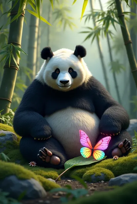 A realistic, strong, muscular panda sitting in a forest clearing, surrounded by bamboo."
"A vibrant, strong , muscular glowing butterfly resting on a leaf, with rainbow-colored wings."