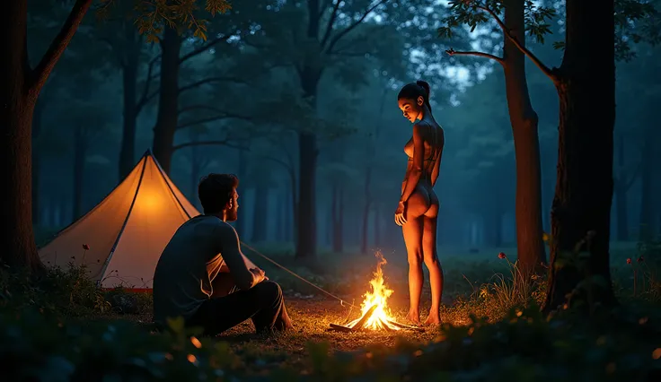 a bautiful and sexy alien girl is standing in a forest and a human guy is sitting at the near of the fire and there is a tent in the forest and its night time and dark theme and stary night