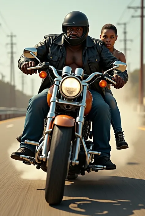 Fat black man with motorcycle helmet 
driving Harley Davison with a thin white passenger 