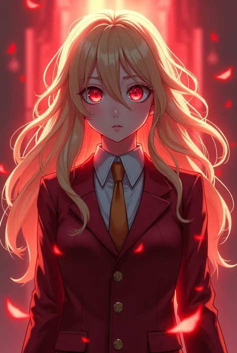  Beautiful girl with long wavy hair,  blond with red eyes and a scarlet aura surrounding them,  in the style and uniform of my hero Academia , with Shoto Todoroki and Izuku Midoriya 