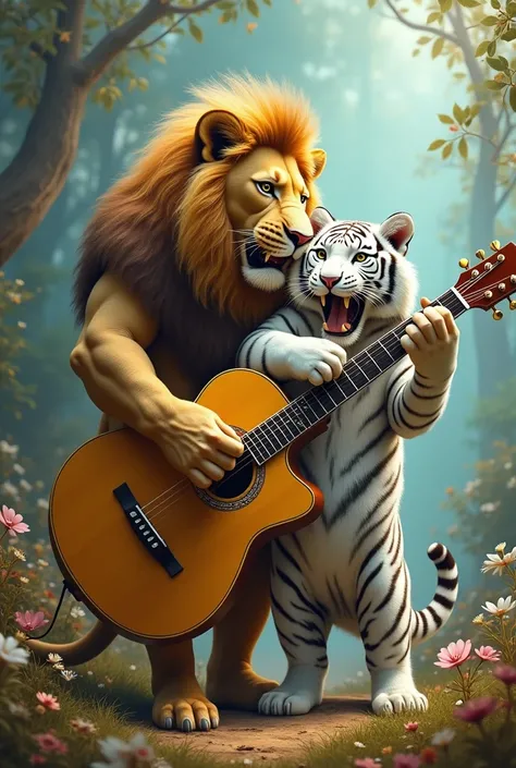 Create an image of a Lion and a white tiger playing a 16x9 guitar 