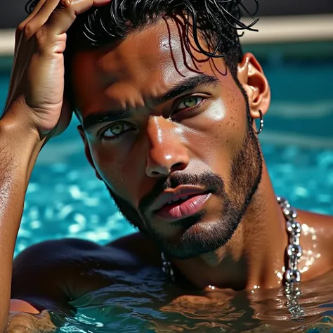 close-up of a stunning American Black man emerging from the pool at midday, his fingers in his hair. he has beautiful green eyes, Beautiful wet hair, perfect jawline. He is masculine, breathtaking. the water droplets on his face shine like liquid gold. Its...