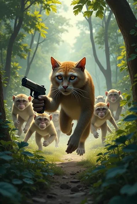 Many monkeys are running away from the forest in fear and a cat from behind with a pistol attacks them.