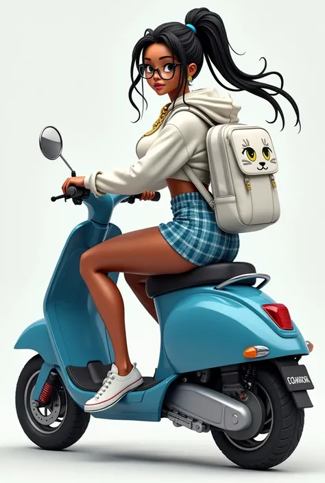 Athletic female chinese, african skin tone, black dreadlock pigtail, green eyes, medium breast, large butt, black glasses, white sweater hoodie crop top, gold classy necklace, white anime cat backpack, blue plaid mini skirt, white heels with blue straps, r...