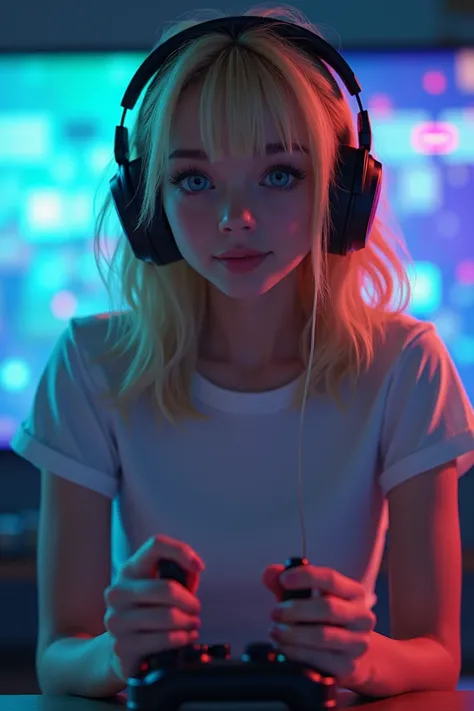 girl 20 years old, a ,  blonde , in headphones, stockings,  joystick and a short T-shirt in the hand