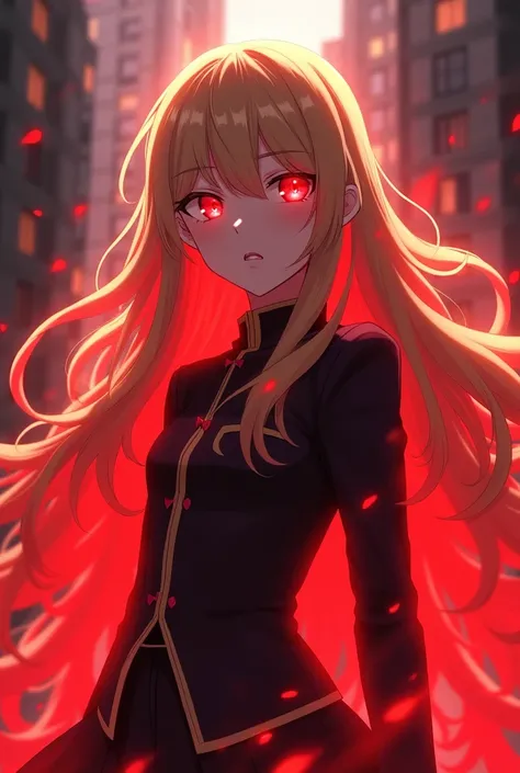  Beautiful girl with long wavy hair,  blond with red eyes and a scarlet aura surrounding them,  in the style and uniform of my hero Academia 