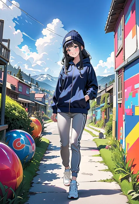 (masterpiece, best quality:1.1),vibrant, pop style art,
snapshot of girl taking a walk,cute girl,shiny smile,wearing latest beanie, black long hair, navyblue full-zip hoodie, gray ultra-stretch jogger pants, navyblue sneakers,white shoelaces,beautiful deta...